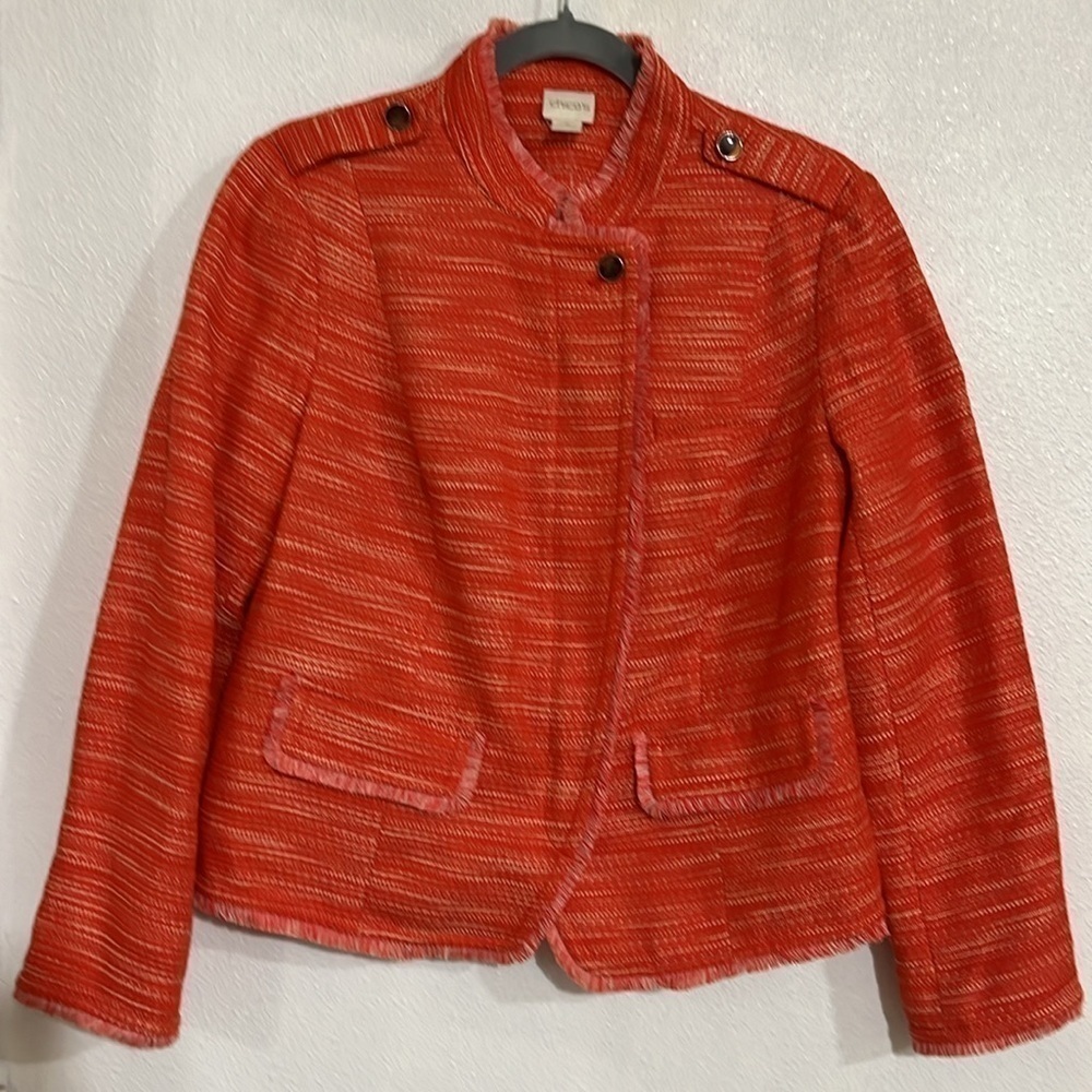 Chicos orange Fran zipped laser jacket, Moto NWOT size M